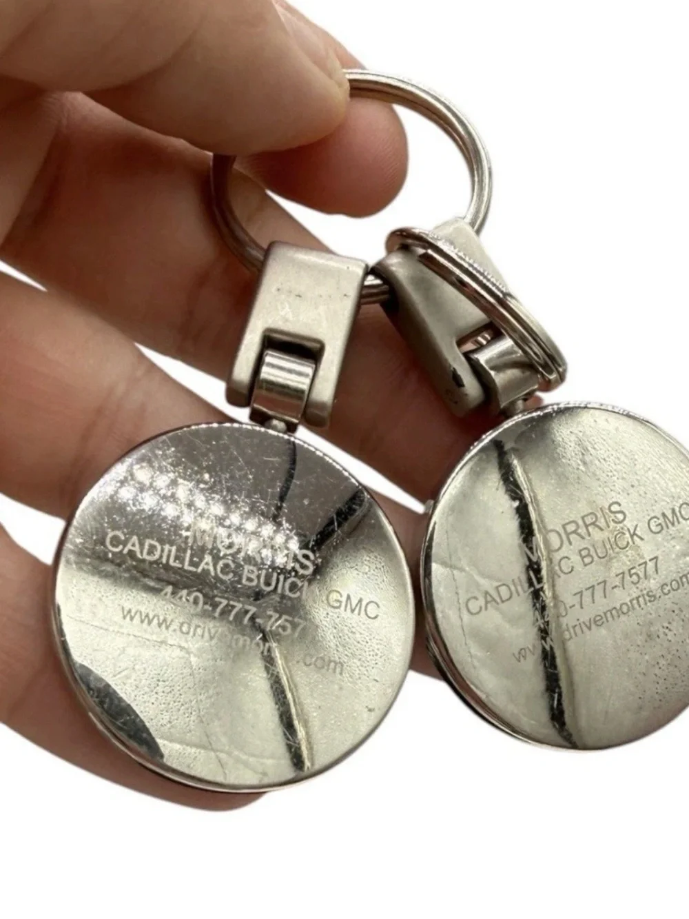 Vintage Cadillac Keychains-Set Of 2 Silver Tone- Dealership Key Rings